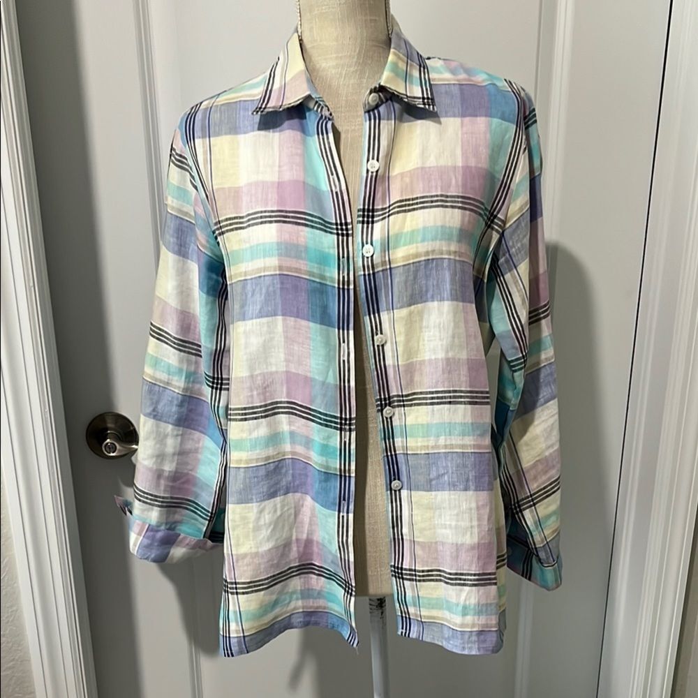 Liz Claiborne Petite Linen Plaid Button up Shirt NWOT